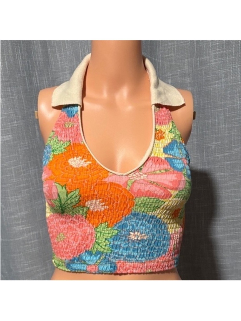 Zara Floral Halter Crop Top - Cream Collar, Multicolor